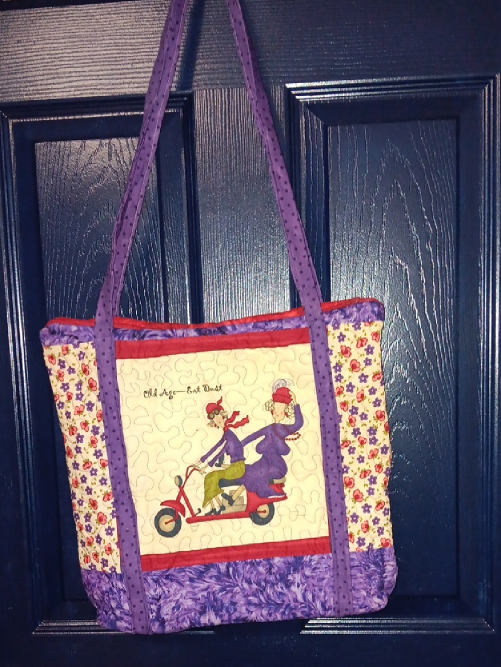 Purple Quilted Tote with Red Accents and Floral Panels